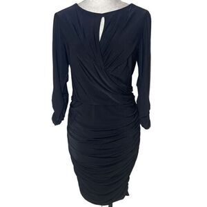 Tadashi Shoji Women's Black Keyhole Neck Ruched Dress Size S Long Sleeve Party